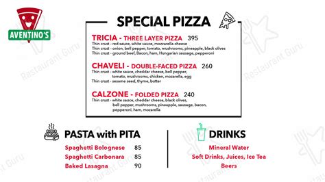 Aventino's Pizza and Pasta Menu .
